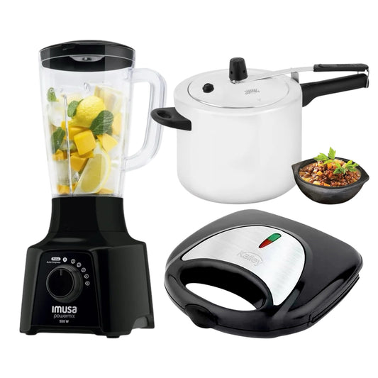 combo Olla presion Corona + Licuadora Imusa powermix plus + Sanduchera Panini