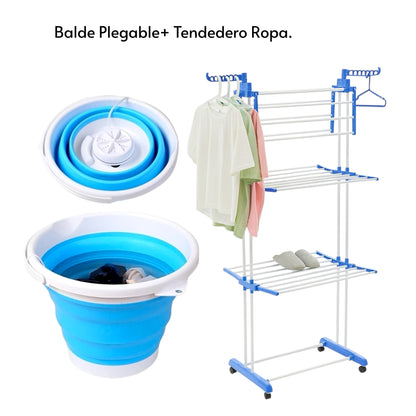 Balde Plegable con motor + Tendedero ropa plegable 3 niveles