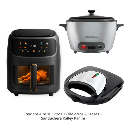 Freidora 10 Litros + olla arrocera Black and decker 20 tazas + Sanduchera Kalley Panini