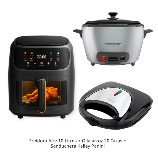 Freidora 10 Litros + olla arrocera Black and decker 20 tazas + Sanduchera Kalley Panini