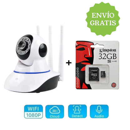 Cámara De Seguridad 3 Antenas Wifi, 360° 1080P + Memoria Micro SD 32 GB