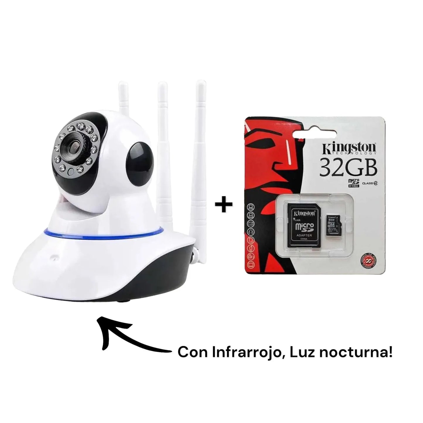 Cámara De Seguridad 3 Antenas Wifi, 360° 1080P + Memoria Micro SD 32 GB