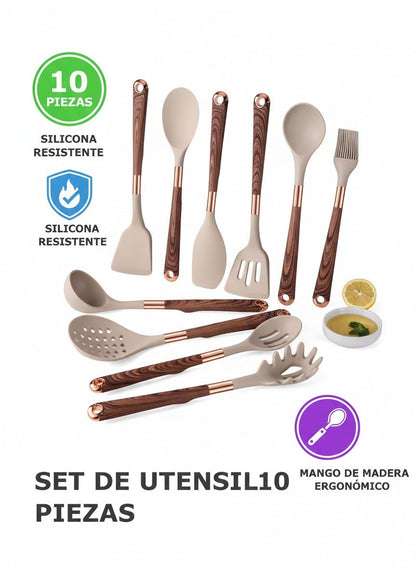 Set Premium de Utensilios de Cocina en Silicona 10 Piezas – Mango Efecto Madera