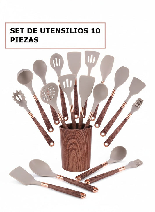 Set Premium de Utensilios de Cocina en Silicona 10 Piezas – Mango Efecto Madera
