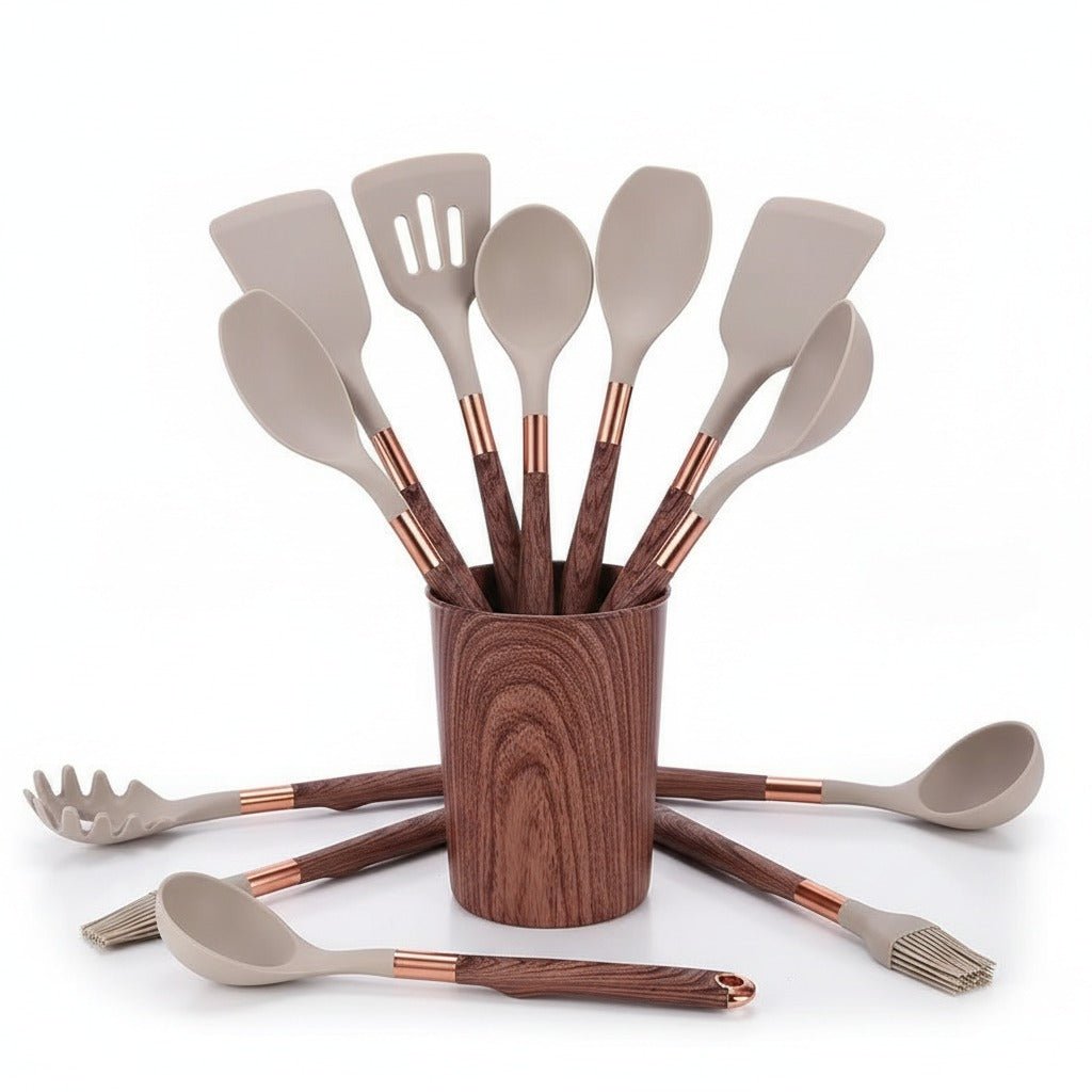 Set Premium de Utensilios de Cocina en Silicona 10 Piezas – Mango Efecto Madera