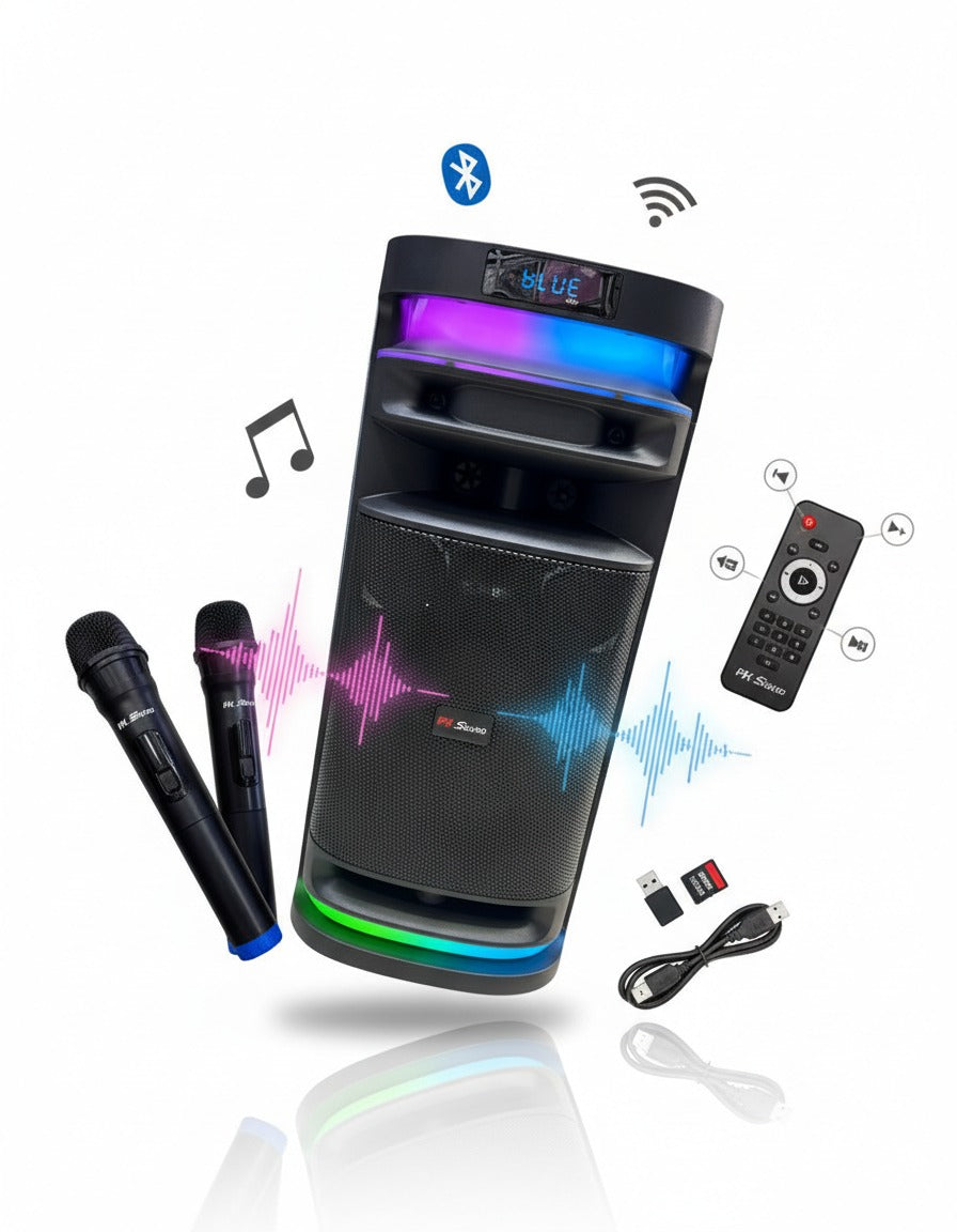 Parlante de Fiesta 8” Doble | 40W + 2 Micrófonos Inalámbricos