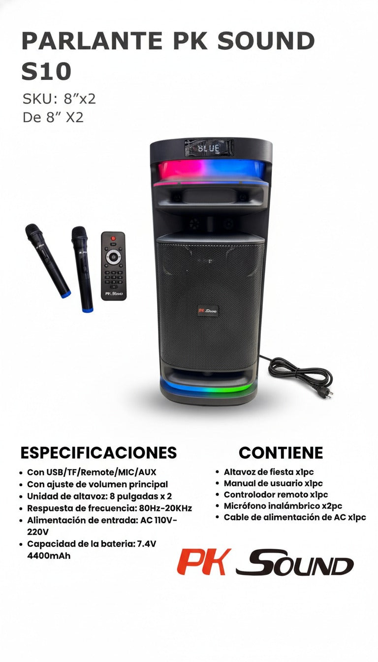 Parlante de Fiesta 8” Doble | 40W + 2 Micrófonos Inalámbricos
