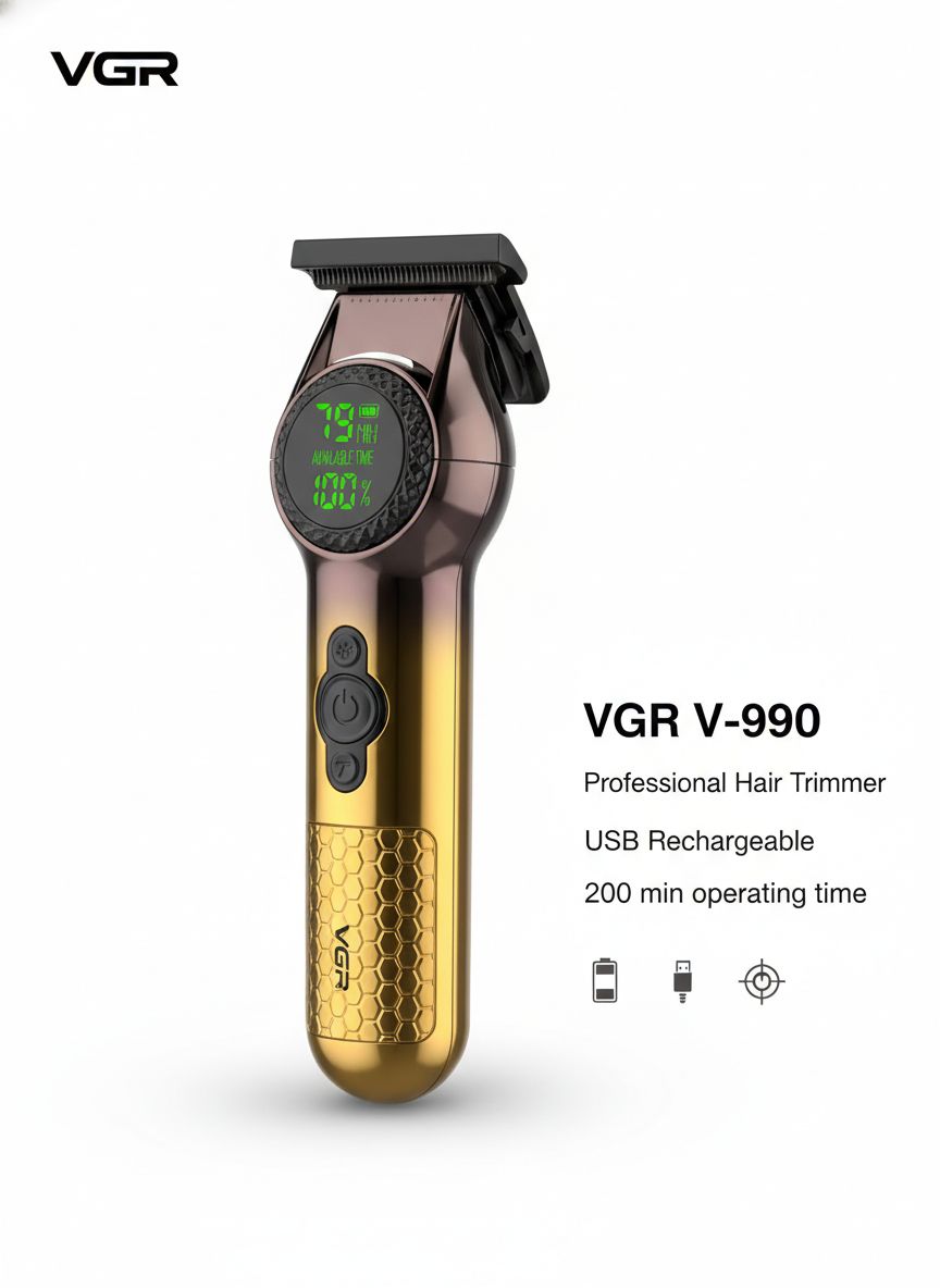 Patillera Profesional VGR V-990 Dorada – Máquina de Barbería con Pantalla Digital y Cuchilla T
