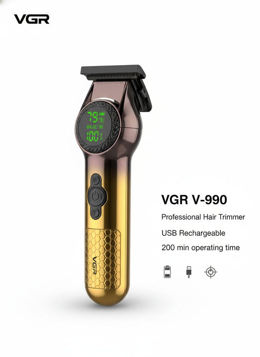 Patillera Profesional VGR V-990 Dorada – Máquina de Barbería con Pantalla Digital y Cuchilla T