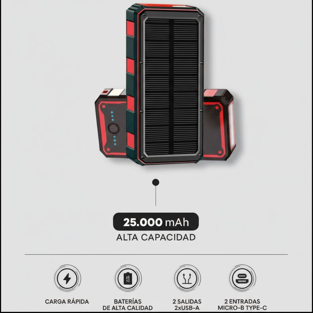 Power Bank Solar 25.000mAh Rugerizado Carga Rápida USB Dual
