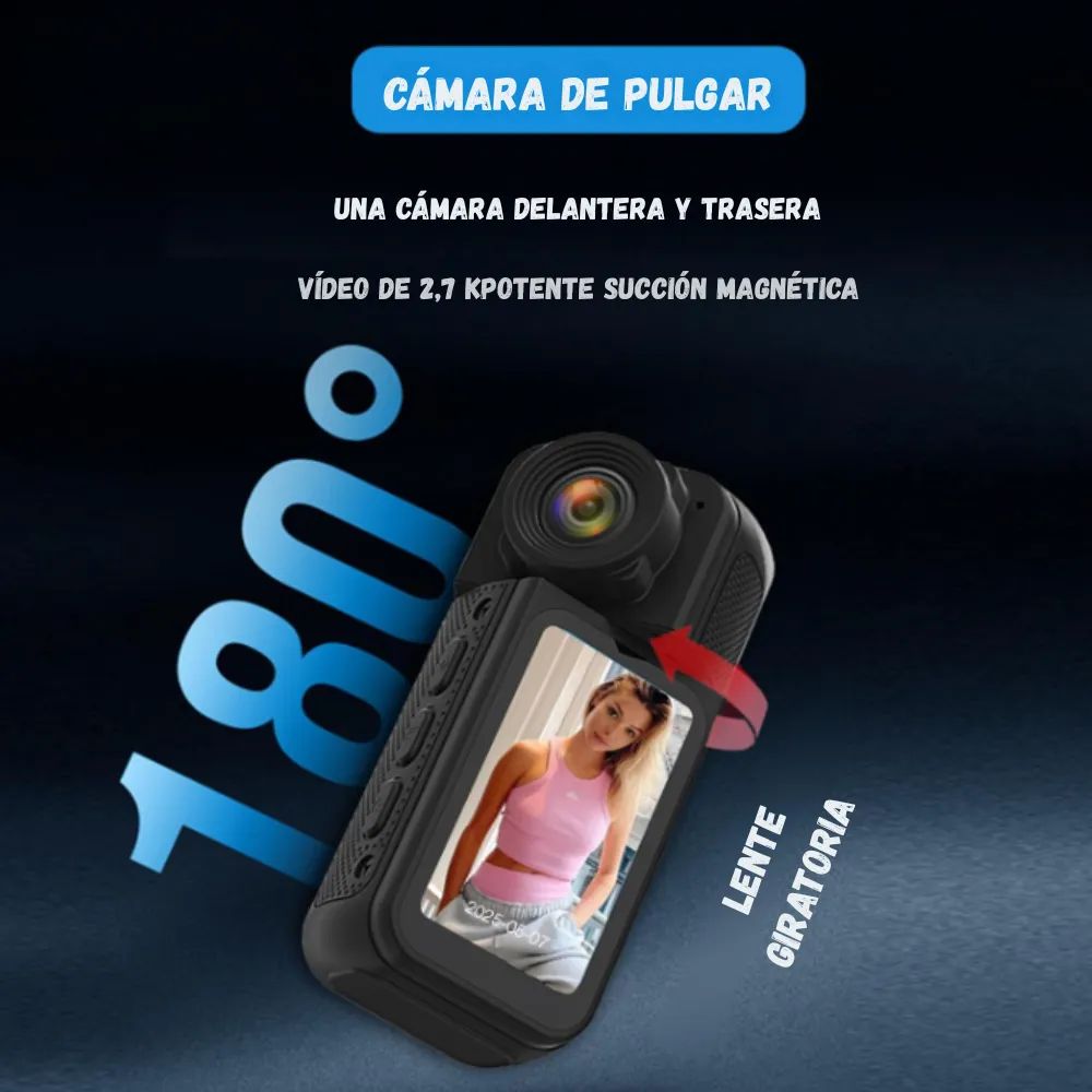Cámara Mini Tipo Pulgar 2.7K – Doble Cámara con Pantalla HD