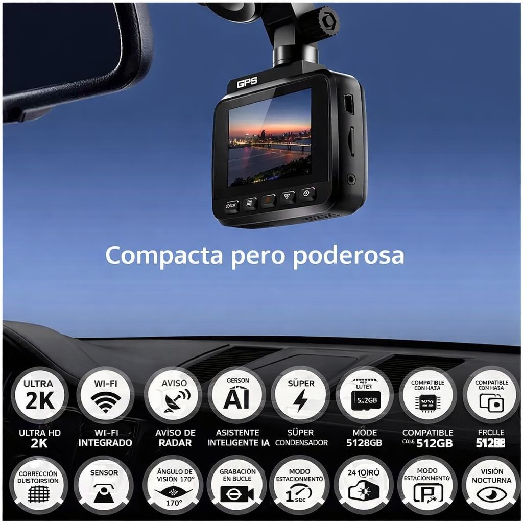 Cámara Dash Cam 2K con GPS y WiFi Integrado