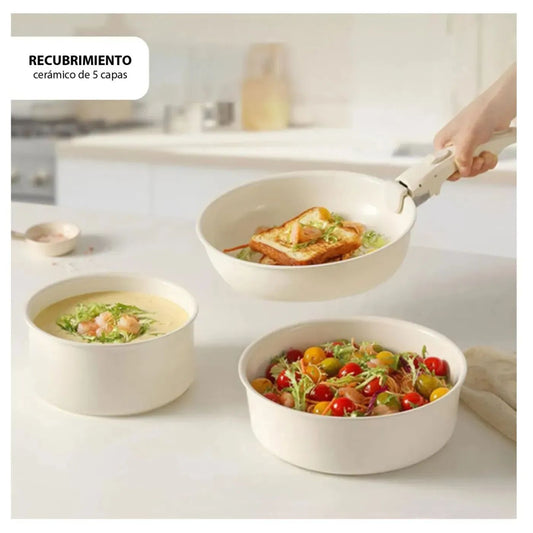 Set de Ollas y Sartenes Antiadherentes con Mango Removible de 5 Piezas