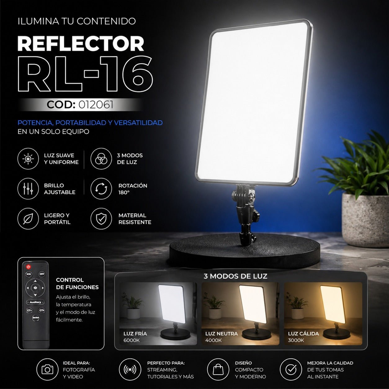 Panel de Iluminación LED RL-16 Compacto y Ajustable