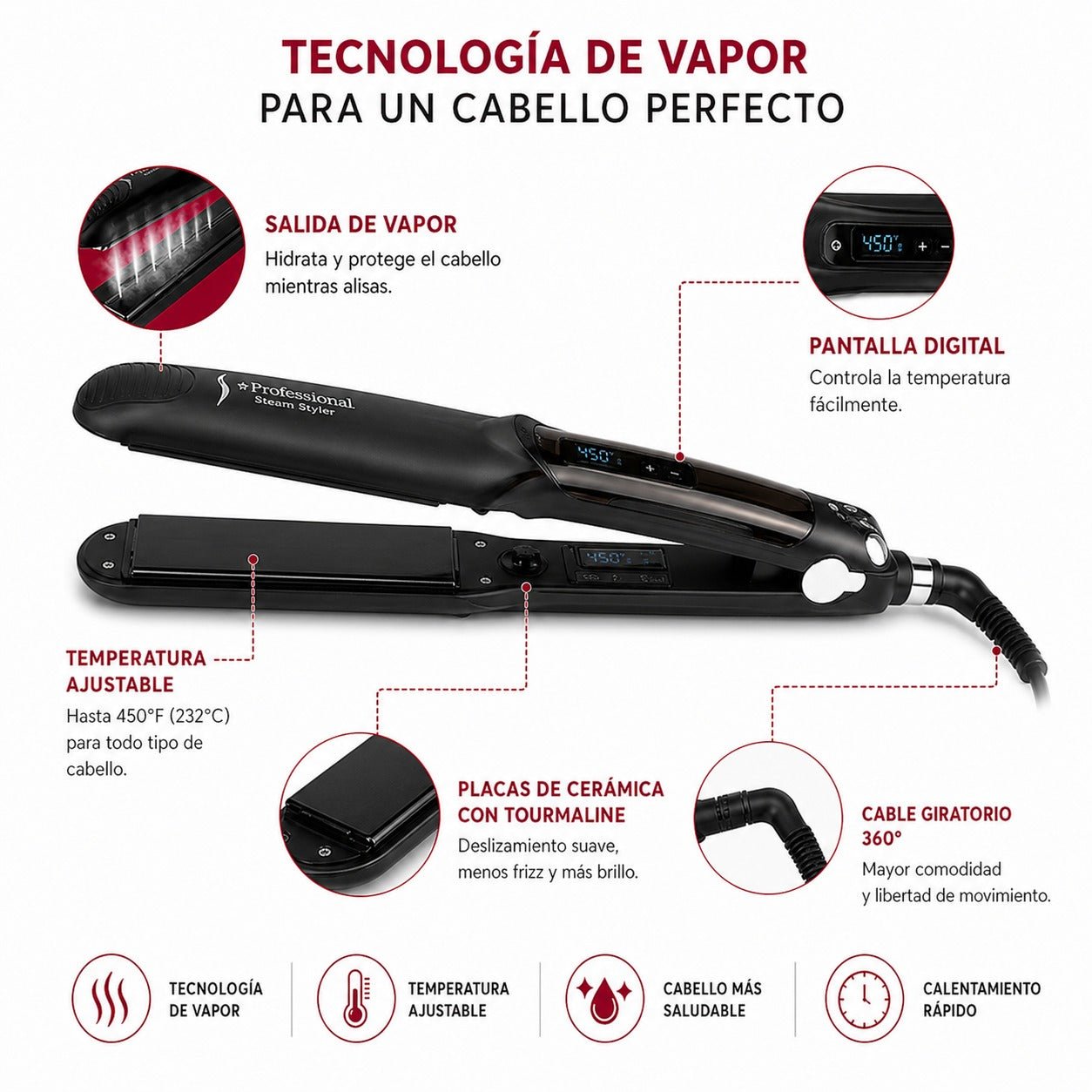Plancha de Cabello a Vapor Profesional
