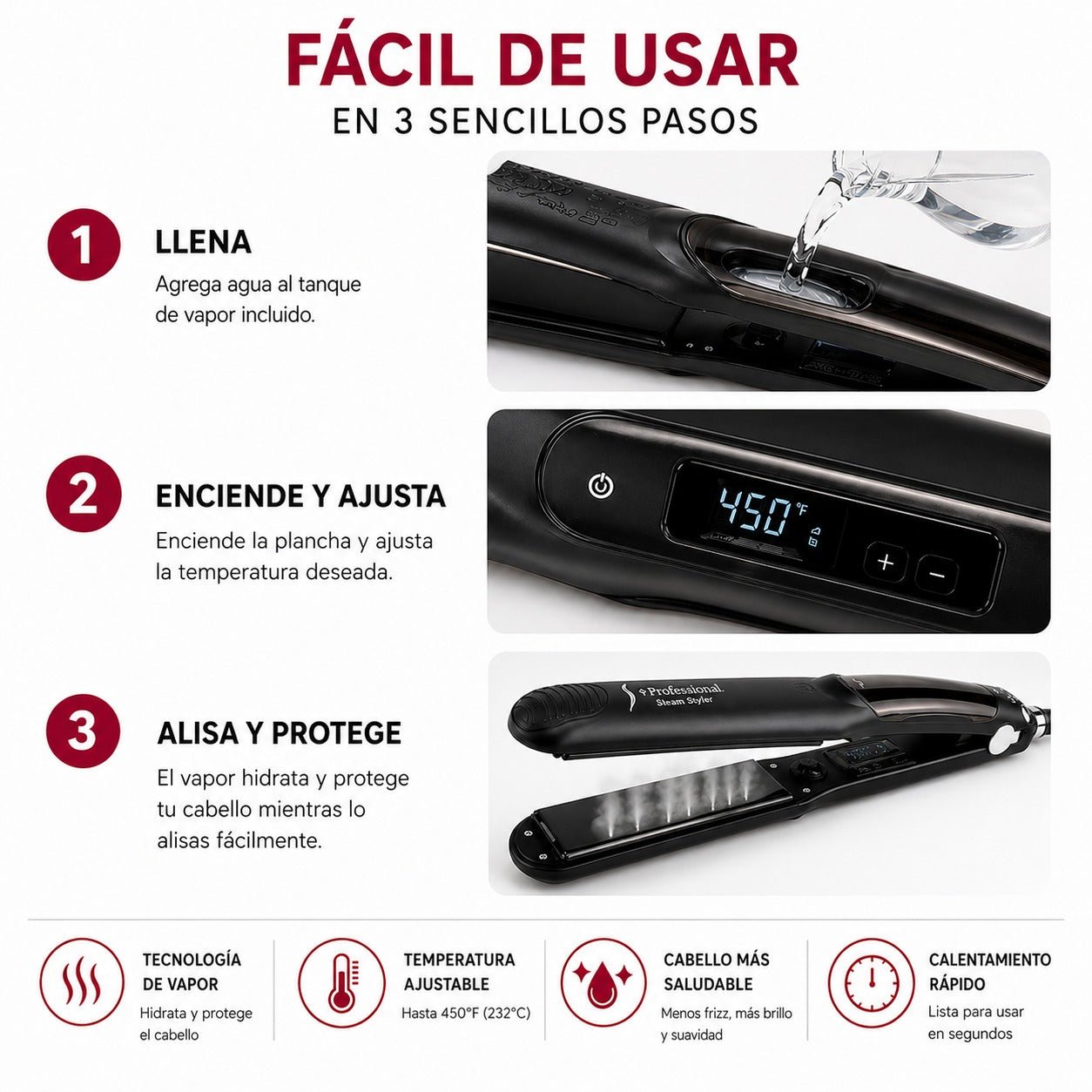 Plancha de Cabello a Vapor Profesional