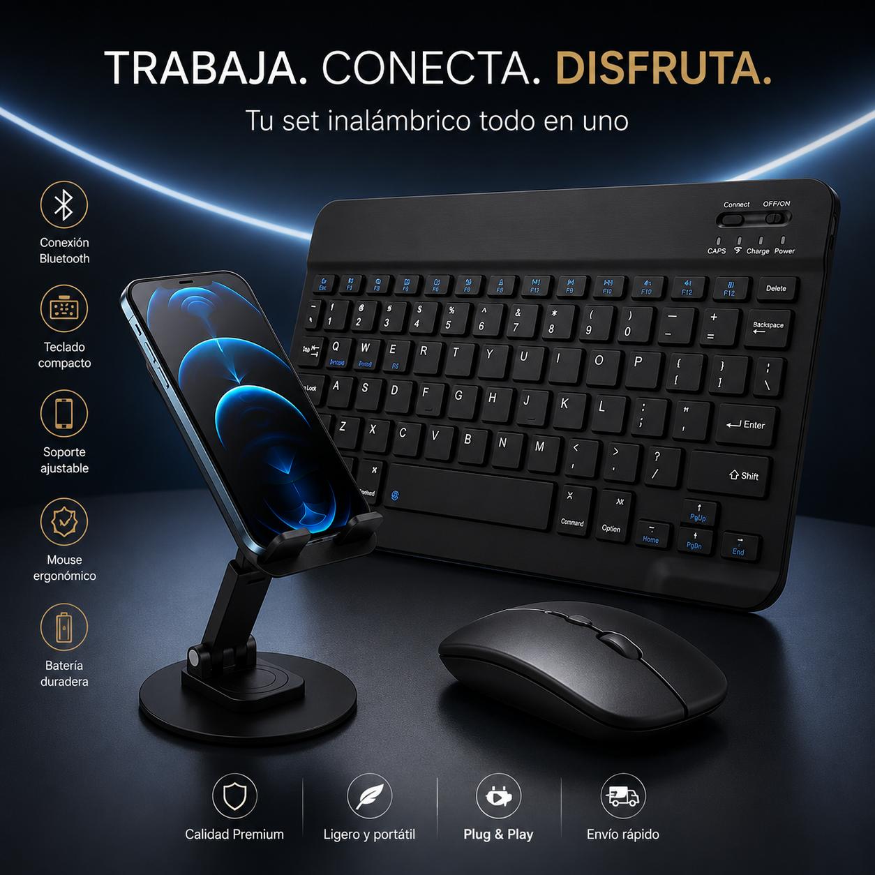 Combo Bluetooth UltraSlim Pro – Teclado + Mouse + Soporte Ajustable