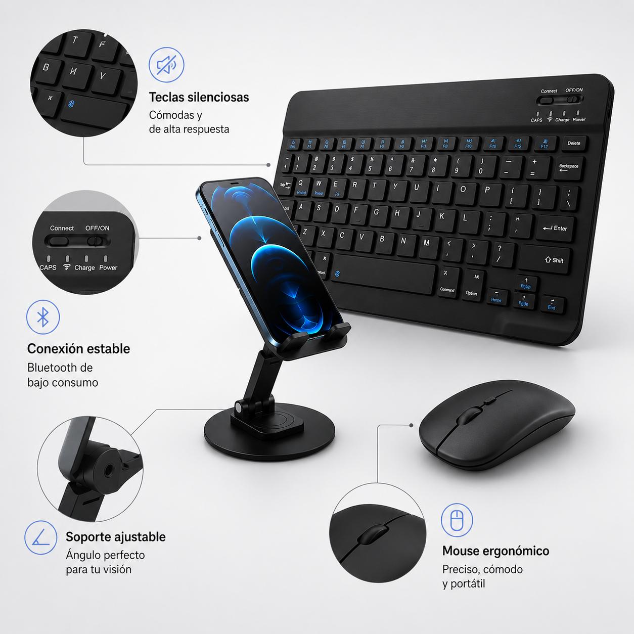Combo Bluetooth UltraSlim Pro – Teclado + Mouse + Soporte Ajustable