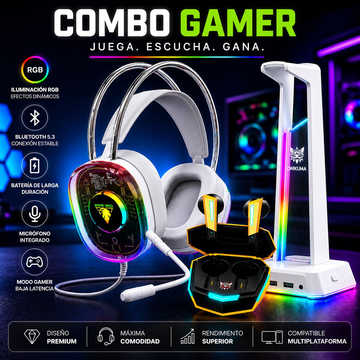 Combo Gamer RGB con Soporte LED y Audífonos Gaming de Baja Latencia