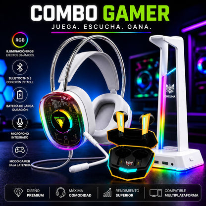 Combo Gamer RGB con Soporte LED y Audífonos Gaming de Baja Latencia