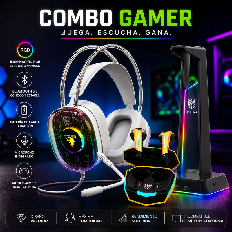 Combo Gamer RGB con Soporte LED y Audífonos Gaming de Baja Latencia