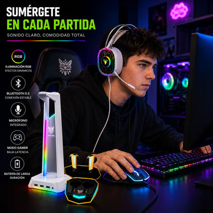 Combo Gamer RGB con Soporte LED y Audífonos Gaming de Baja Latencia
