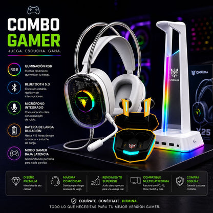 Combo Gamer RGB con Soporte LED y Audífonos Gaming de Baja Latencia