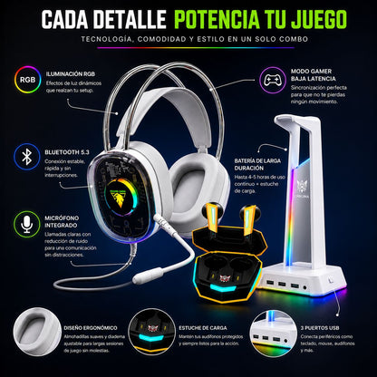 Combo Gamer RGB con Soporte LED y Audífonos Gaming de Baja Latencia