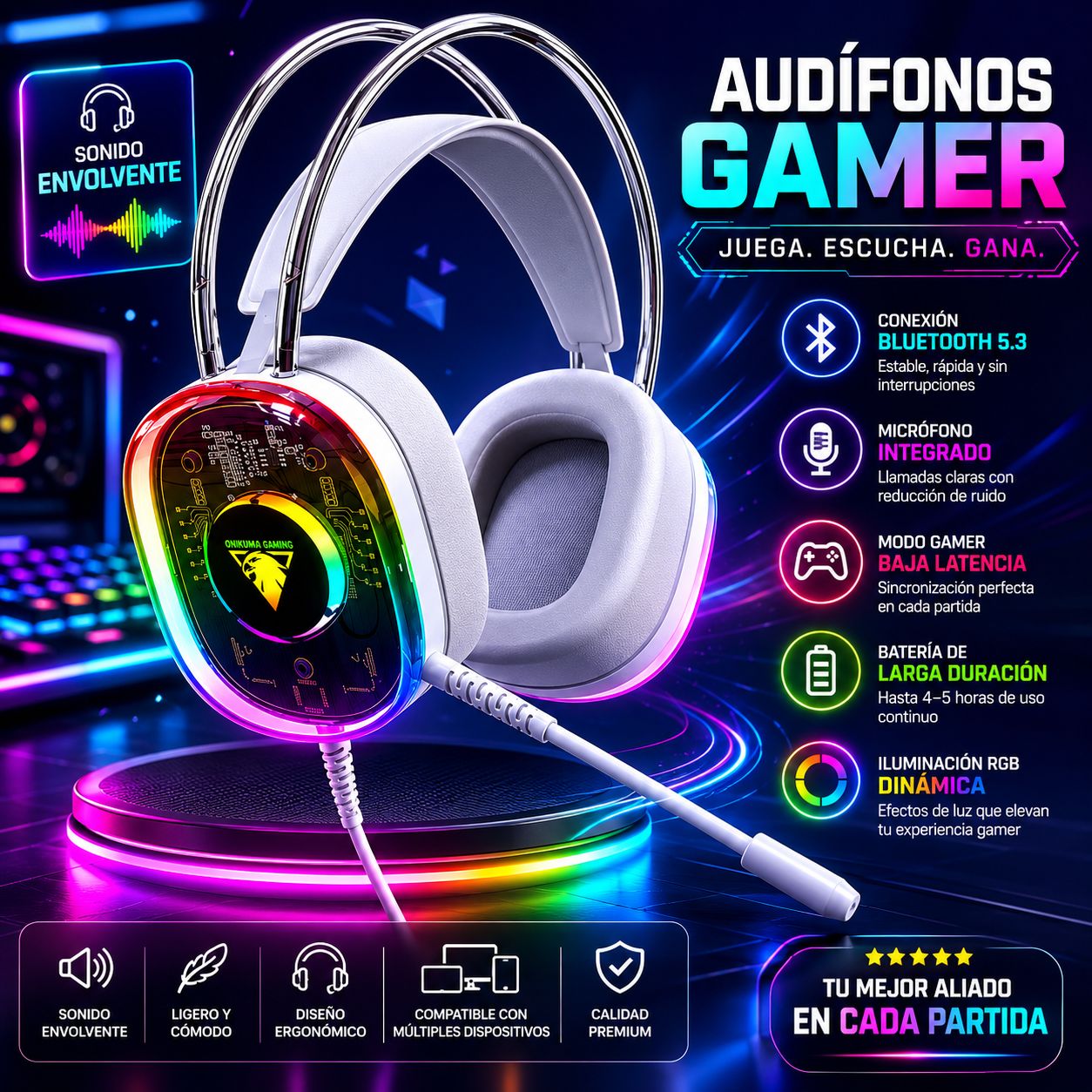 Audífonos Gamer RGB con Micrófono y Baja Latencia