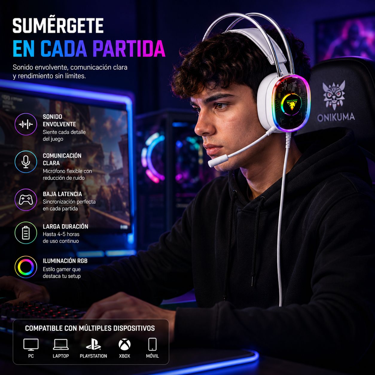 Audífonos Gamer RGB con Micrófono y Baja Latencia