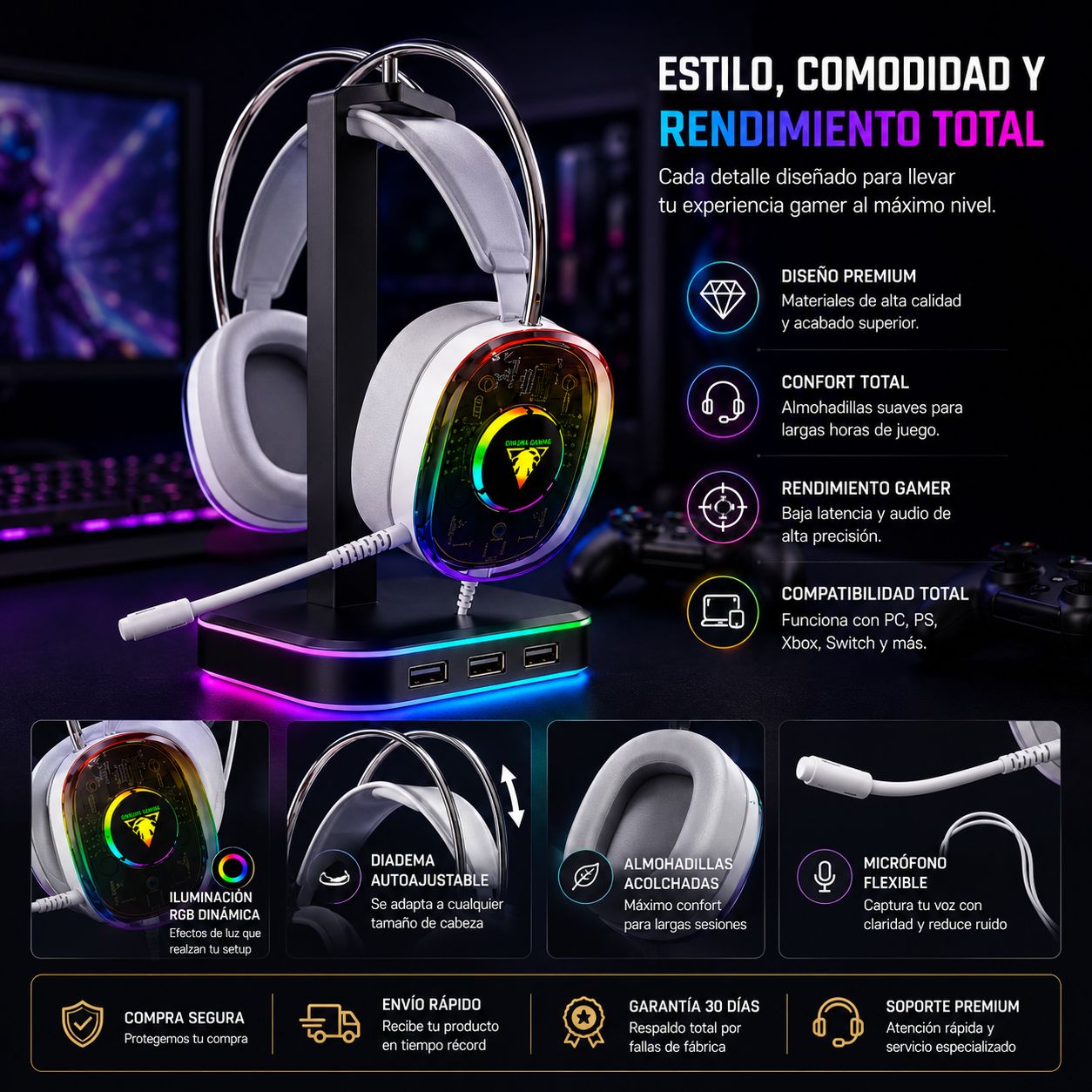 Audífonos Gamer RGB con Micrófono y Baja Latencia