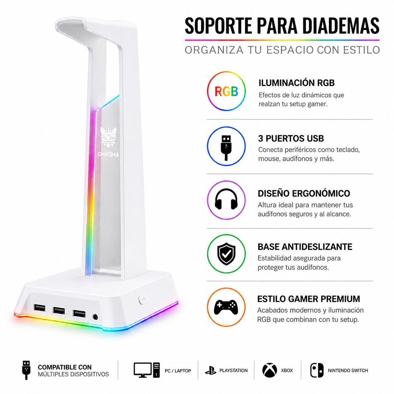 Soporte Gamer RGB para Audífonos con 3 Puertos USB