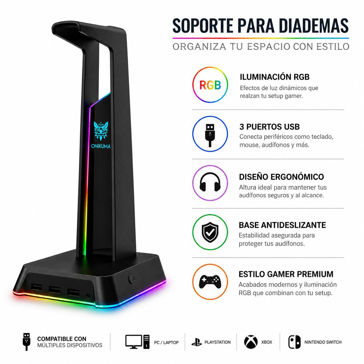 Soporte Gamer RGB para Audífonos con 3 Puertos USB