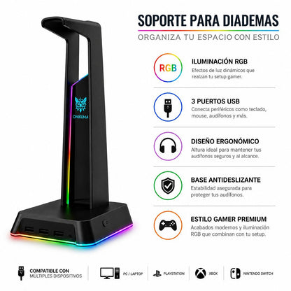 Soporte Gamer RGB para Audífonos con 3 Puertos USB