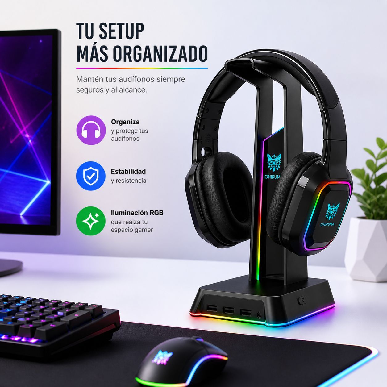 Soporte Gamer RGB para Audífonos con 3 Puertos USB