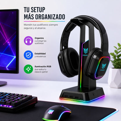 Soporte Gamer RGB para Audífonos con 3 Puertos USB
