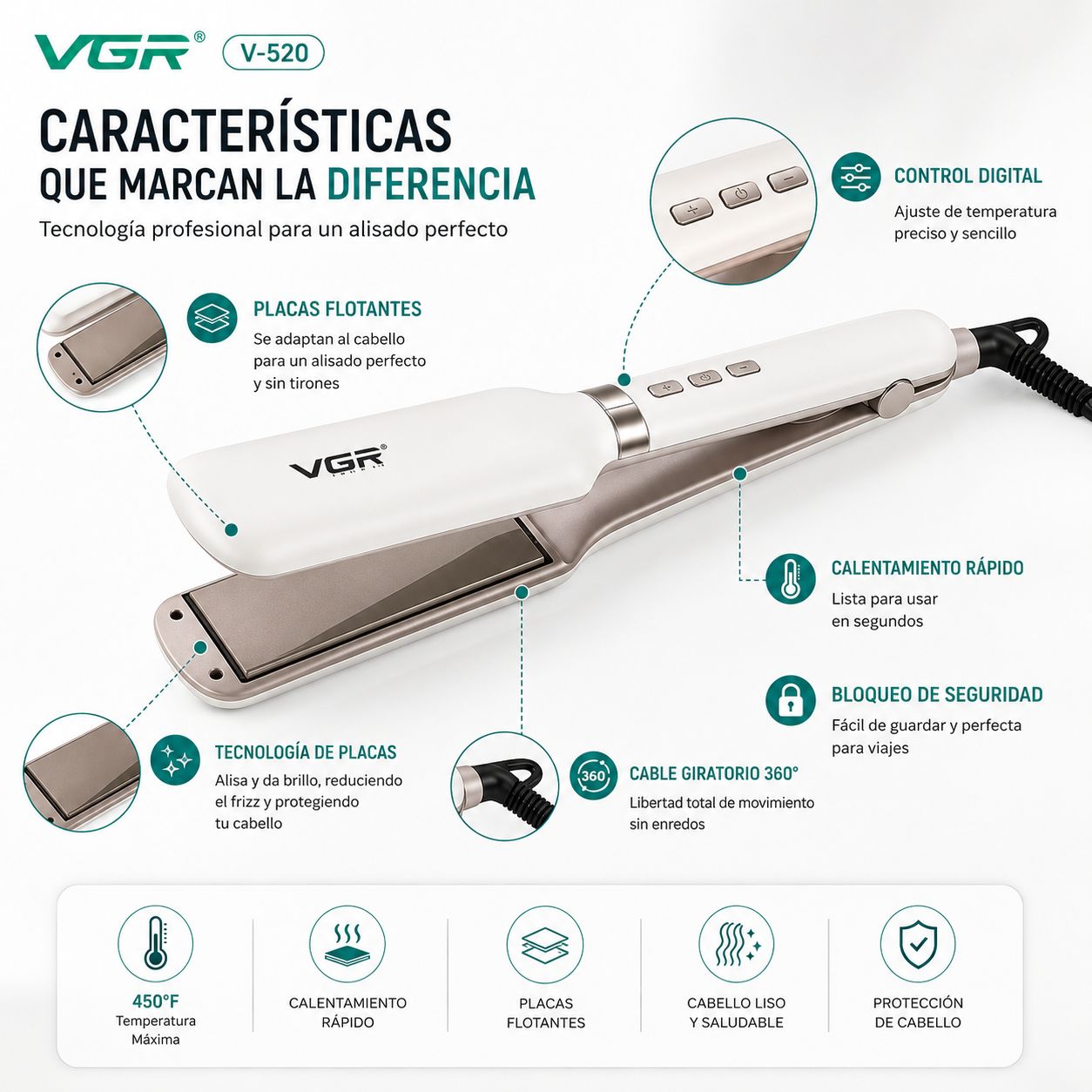 Plancha Alisadora Profesional VGR Placa Ancha