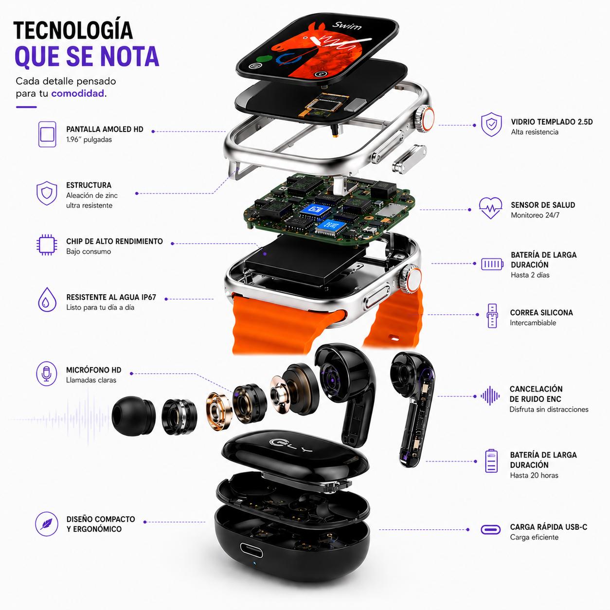 Combo Edicion Dia Del padre | Smartwatch T-590 AMOLED + Audífonos F-180 Pro