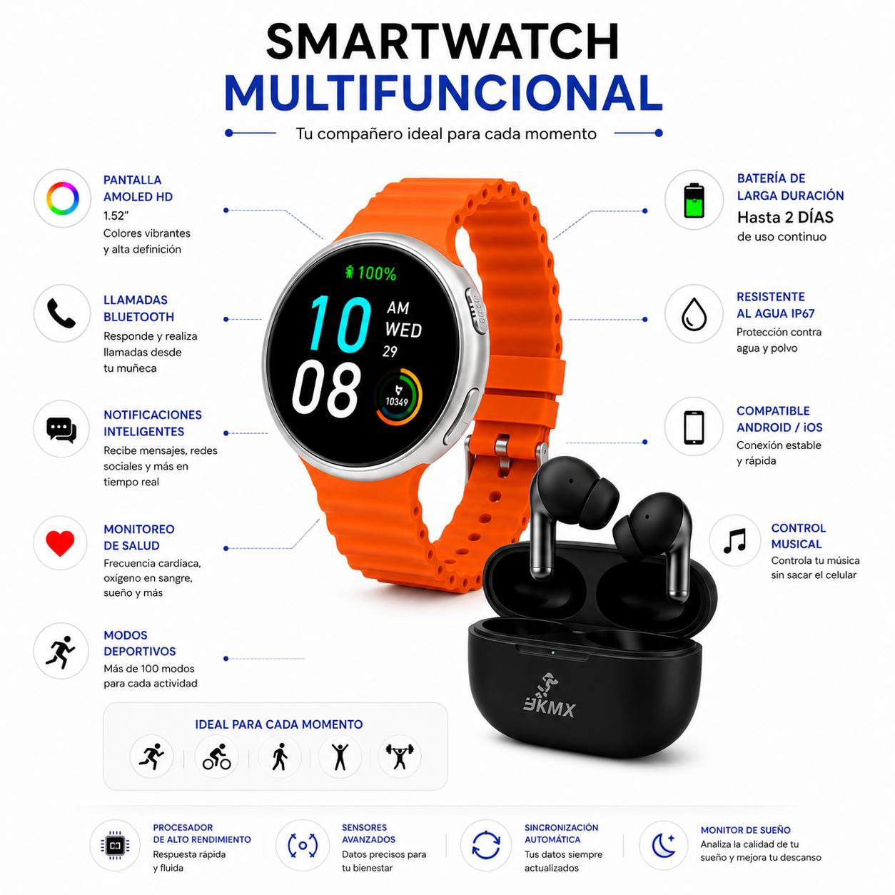 Combo Dia del Padre | Reloj Smartwatch T-900 AMOLED  + Audífonos bluetooth Metalicos