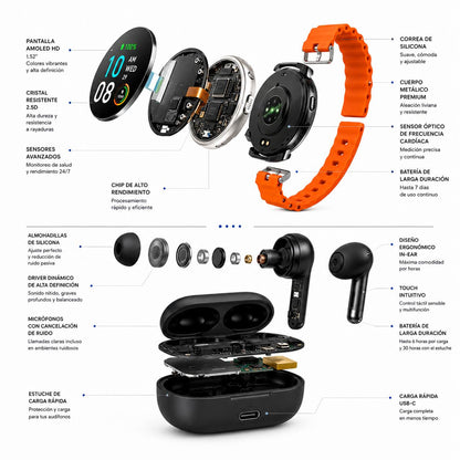 Combo Dia del Padre | Reloj Smartwatch T-900 AMOLED  + Audífonos bluetooth Metalicos