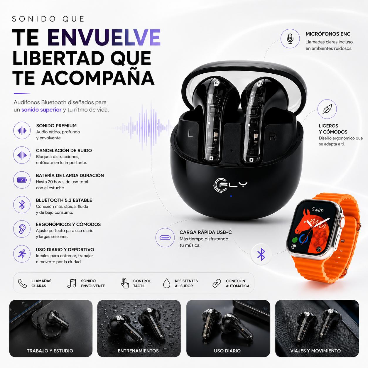 Combo Día del Padre | Reloj Smartwatch W-200 Lite AMOLED + Audífonos Inalámbricos F180