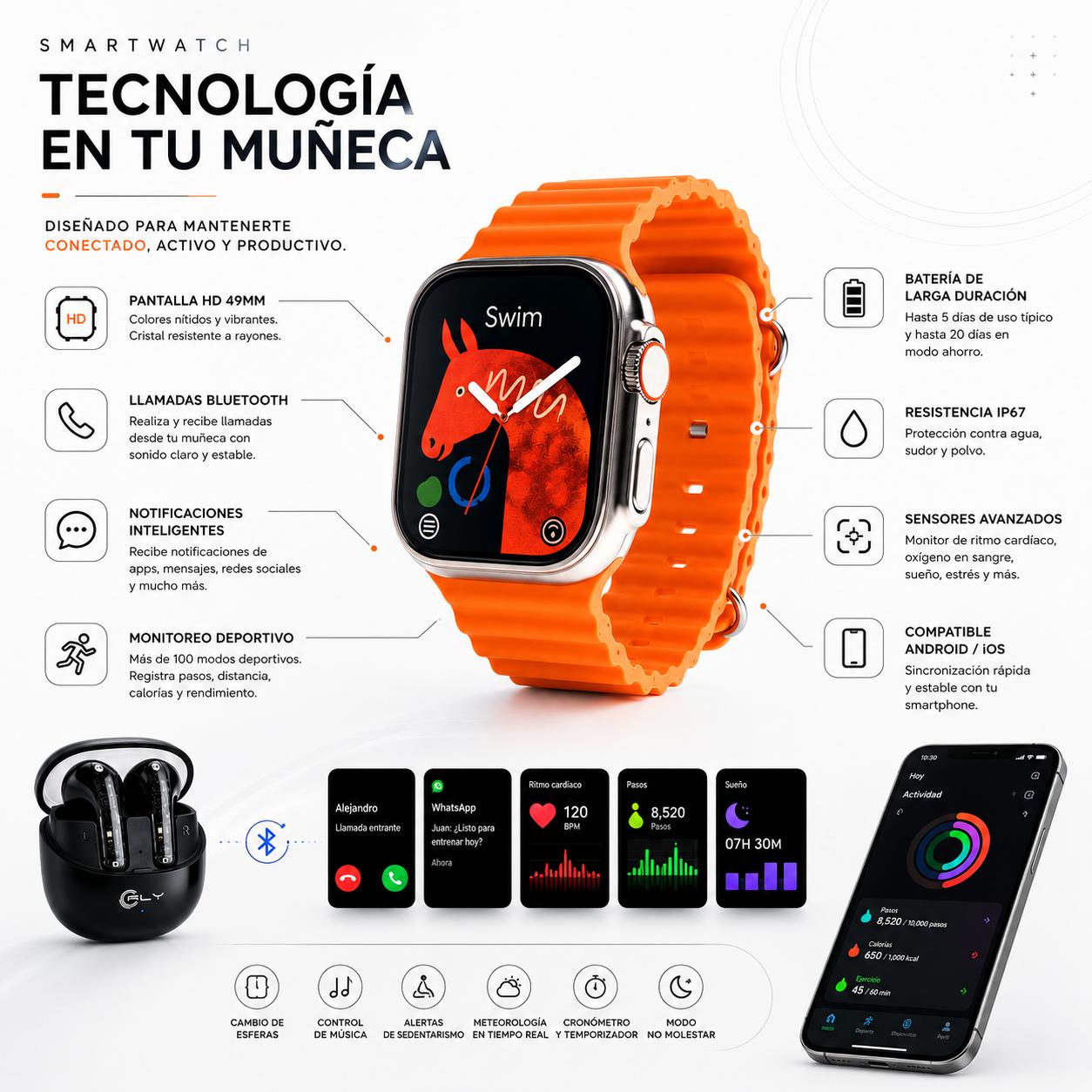Combo Día del Padre | Reloj Smartwatch W-200 Lite AMOLED + Audífonos Inalámbricos F180
