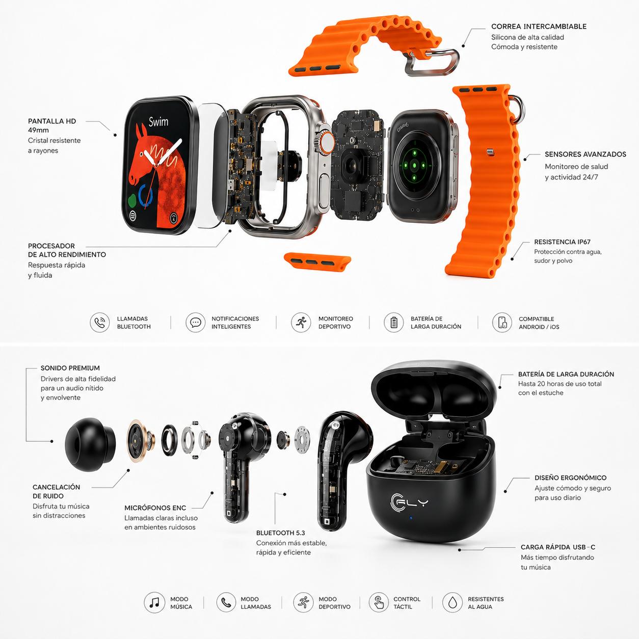 Combo Día del Padre | Reloj Smartwatch W-200 Lite AMOLED + Audífonos Inalámbricos F180