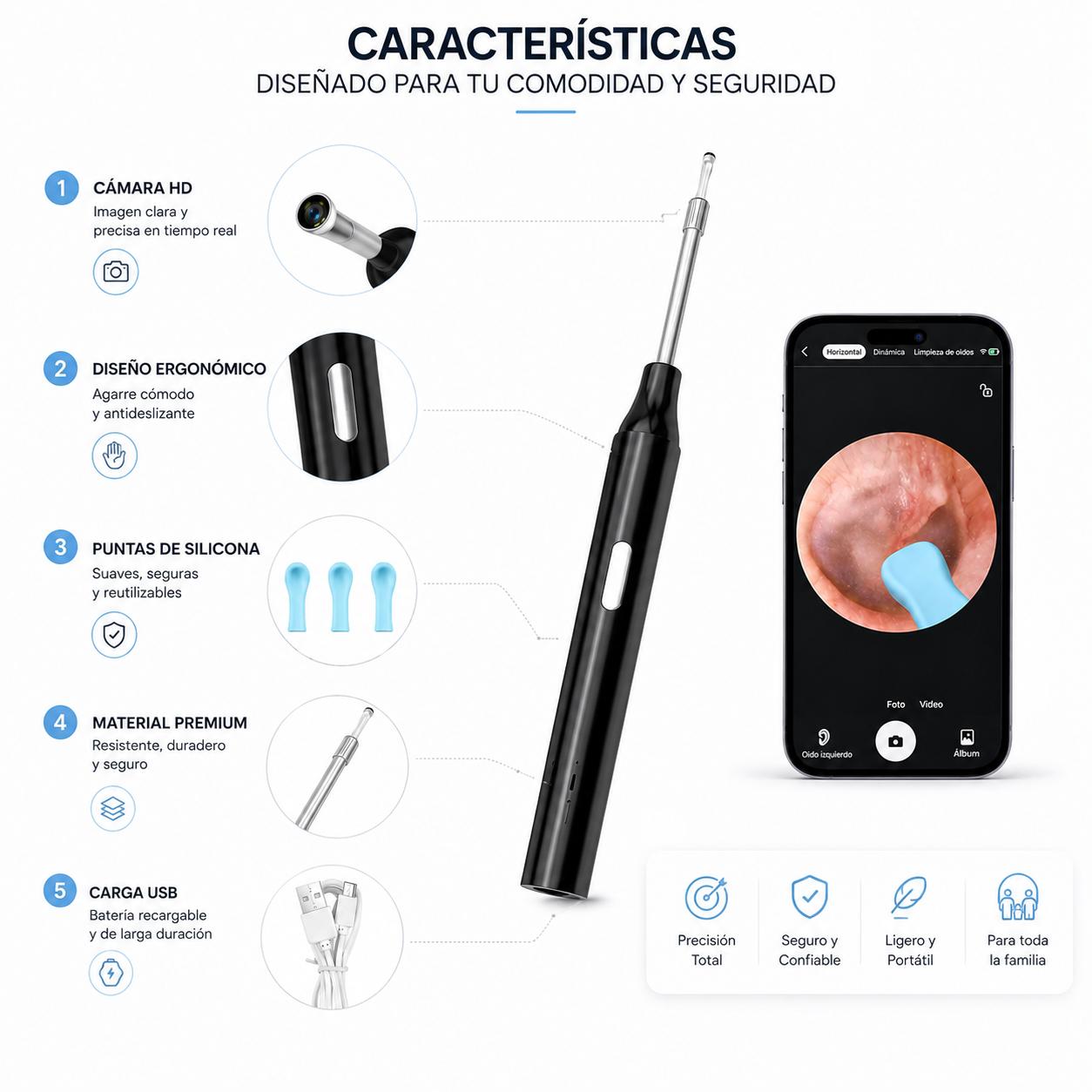 Limpiador de Oídos Inteligente con Cámara HD WiFi Recargable