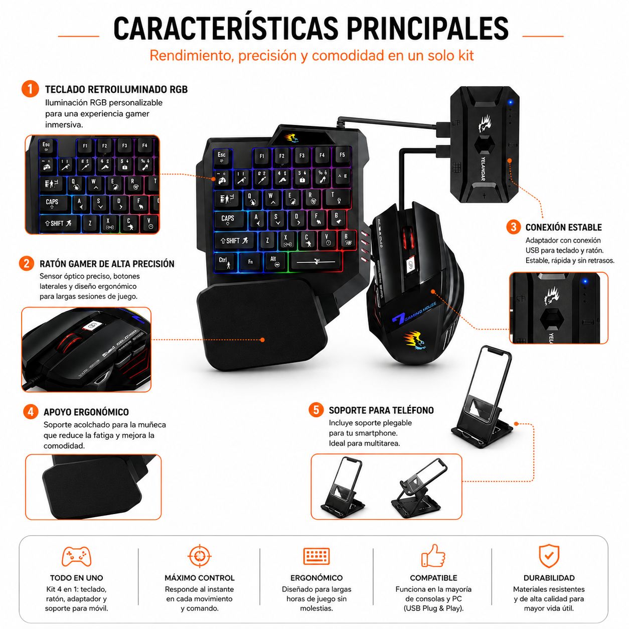 Kit Gamer para Celular 4 en 1 para Android y iPhone con Teclado, Mouse y Adaptador