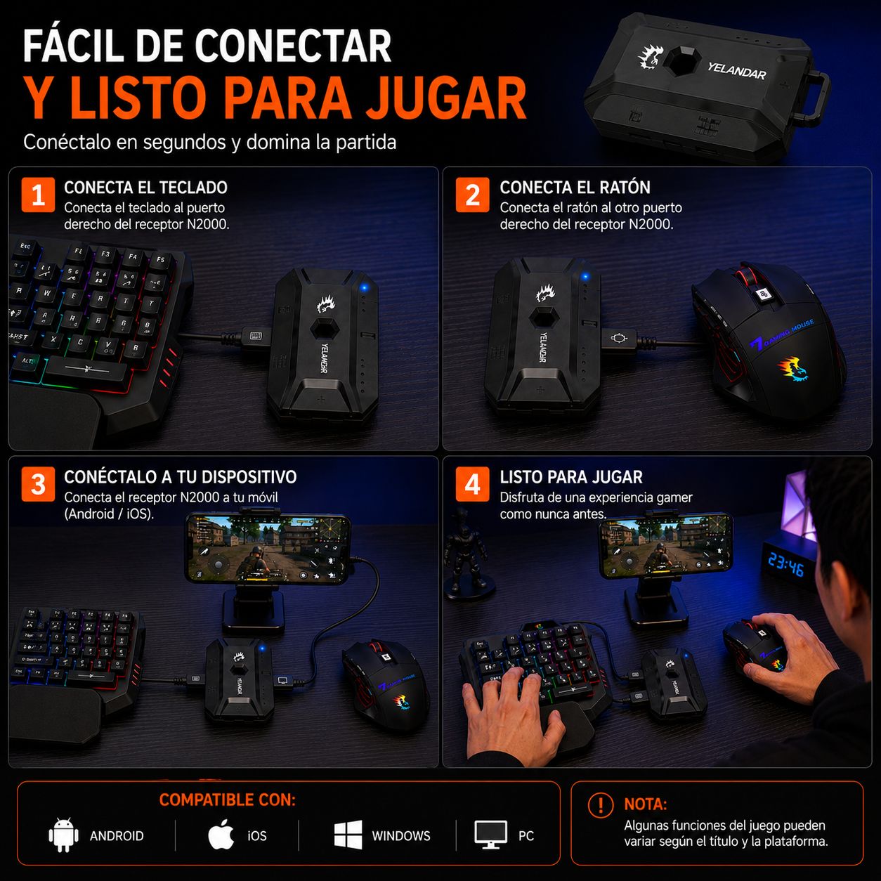 Kit Gamer para Celular 4 en 1 para Android y iPhone con Teclado, Mouse y Adaptador