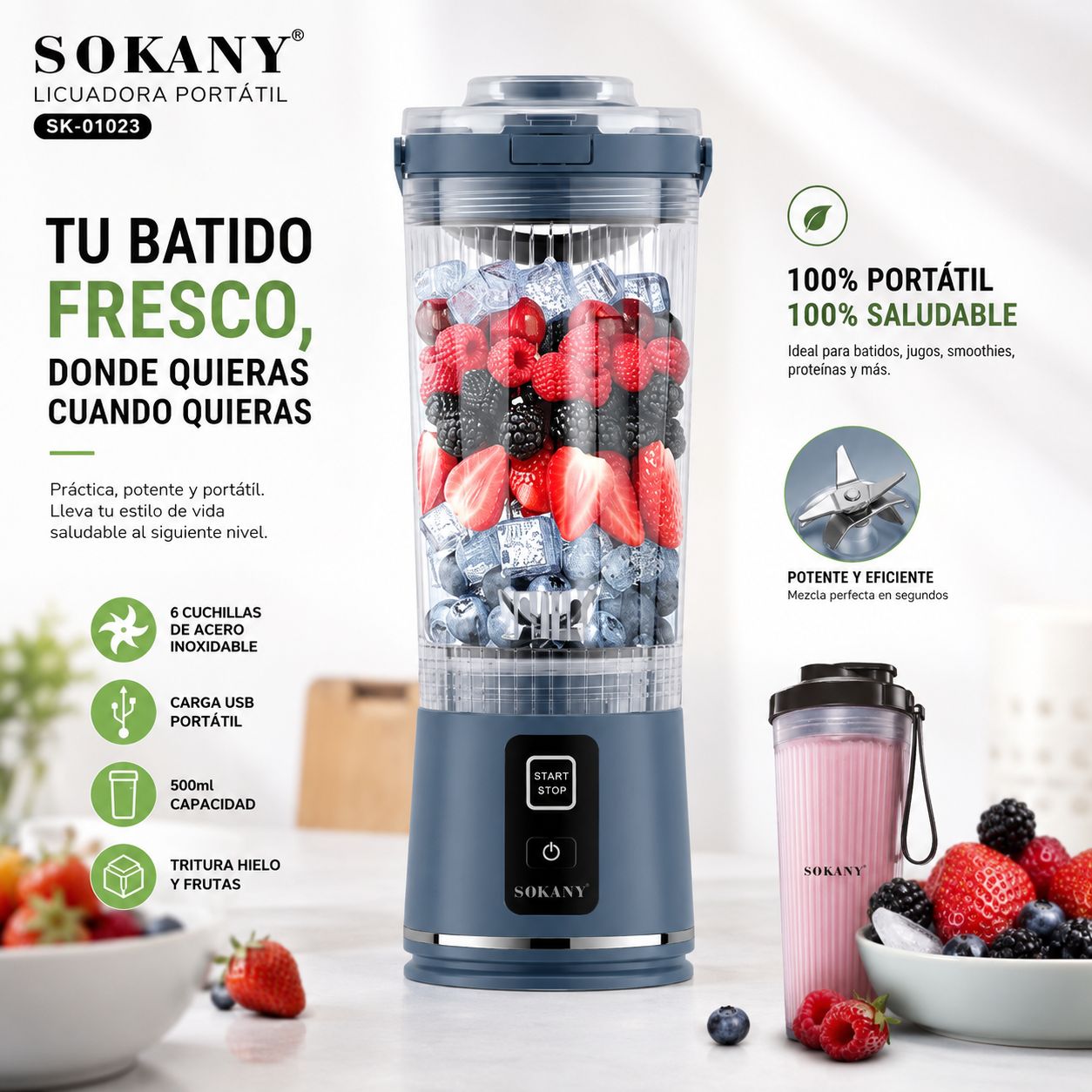 Licuadora Portátil Recargable SOKANY con 6 Cuchillas