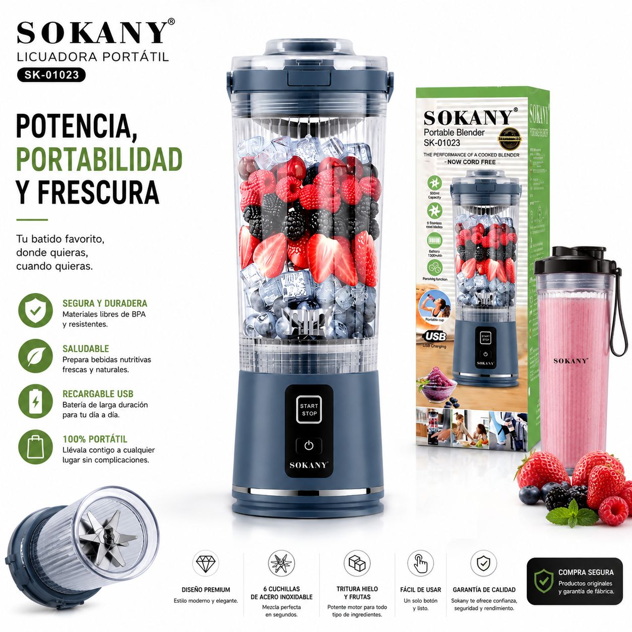 Licuadora Portátil Recargable SOKANY con 6 Cuchillas