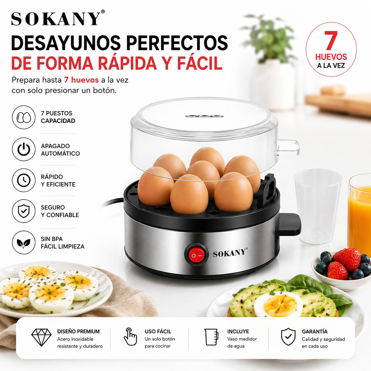 Hervidor Eléctrico de Huevos SOKANY para 7 Huevos con Apagado Automático