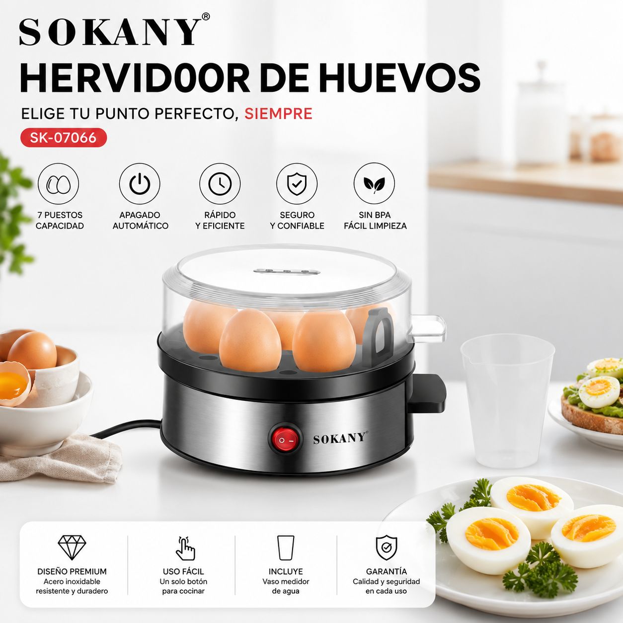 Hervidor Eléctrico de Huevos SOKANY para 7 Huevos con Apagado Automático